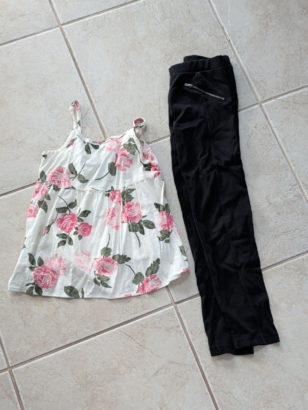 Old Navy Girl Size 10 White Tank Top with Pink Rose Print , Black Leggings Set